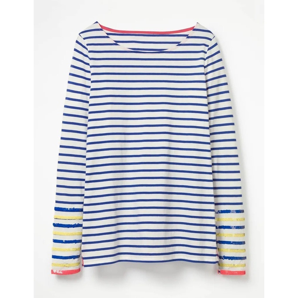 Boden Women's Ella Breton Make a Statement Sequin Cuff Blue Striped Top 8